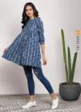 Sangria Blue Printed Round Neck Flared Tunic With 3/4th Sleeves Women