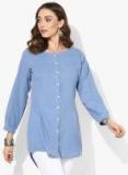 Sangria Blue Round Neck 3/4th Sleeves Blue Chambray Tunic With Embroidery Highlight At Neck And Placket Women