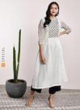 Sangria Chanderi Printed Round Neck A Line Kurta With Three Quarter Sleeves Women