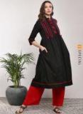 Sangria Embroidered Mandarin Collar Flared Kurta With Tassels Detail And Three Quarter Sleeves Women