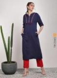 Sangria Embroidered Round Neck A Line Kurta With 3/4th Sleeves Women