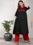 Sangria Embroidered Round Neck Flared Kurta With Tassels Detail And Three Quarter Sleeves Women