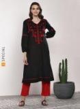 Sangria Embroidered V Neck A Line Kurta With Dori Tassels Detail And Three Quarter Sleeves Women