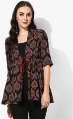 Sangria Frilled Elbow Sleeves Short Ajrak Shrug With Mirror Detailing women