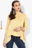 Sangria Gold Foil Printed Shirt Collar High Low Top With Full Placket And Three Fourth Sleeves Women