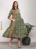 Sangria Green & Mustard Yellow Printed Fit And Flare Ethnic Dress Women