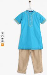 Sangria Kids Band Collar Soild Color Kurta Short Sleeves Teamed With Pants girls