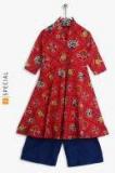 Sangria Kids V Neck Patola Print Anarkali With 3/4th Sleeves With Palazzo Girls