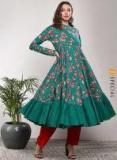 Sangria Mandarin Collar Floral Print Anarkali With Full Sleeves Detail Women