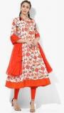 Sangria Mandarin Collar Printed Anarkali With Orange Knitted Churidar & Orange Dupatta women