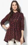 Sangria Mandarin Collar Printed Cotton Top With Roll Up Sleeve And Embroidered Pin Tuck Yoke Detail Women