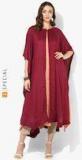 Sangria Maroon/Orange Round Neck Color Blocked Double Layer Kaftan With Anarkali Inner Kurta Women