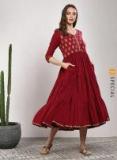 Sangria Maroon Printed V Neck Tiered Anarkali With 3/4th Sleeves Women