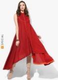 Sangria Maroon Textured Band Collar Cotton Dress With Smocked Yoke And Asymmetric Hem Women