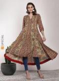 Sangria Multicoloured Round Neck Paneld Anarkali With Gota Detail And 3/4th Sleeves Women