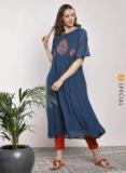 Sangria Navy Blue Solid A Line Kurta women