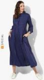 Sangria Navy Blue Solid Band Collar Flared Kurta With Full Button Placket And Bell Sleeve women