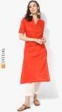 Sangria Orange Mandarin Collar Straight Fit Kurta And 3/4th Sleeves Women