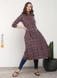 Sangria Printed Band Collar A Line Kurta With 3/4Th Sleeves Women