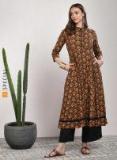 Sangria Printed Mandarin Collar Flared Kurta With 3/4th Sleeves Women