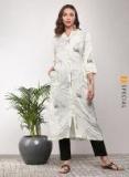 Sangria Printed Mandarin Collar Flared Kurta With Full Button Placket And Three Quarter Sleeves Women