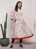 Sangria Printed Round Neck Anarkali With Button Detail And 3/4th Sleeves Women