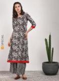 Sangria Printed Round Neck Flared Kurta With Three Quarter Sleeves Teamed Up Striped Flared Palazzo Women