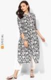 Sangria Printed Shaped Hem Band Collar Kurta With Full Button Placket And 3/4Th Sleeves Women