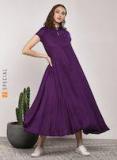 Sangria Purple Textured Band Collar Circular Anarkali With 3/4th Sleeves Women