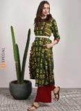 Sangria Round Neck 3/4th Sleeves Authentic Bagru Printed A Line Kurta Women