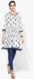 Sangria Round Neck 3/4Th Sleeves Gathered Printed Tunic With Contrast Piping And Buttons women