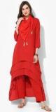 Sangria Round Neck 3/4Th Sleeves Rayon Layered Hi Low Hem Kurta Along With Solid Crop Pants And Scarf women