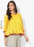 Sangria Round Neck 3/4Th Sleeves Solid Mustard Top With Pleat Detail Women