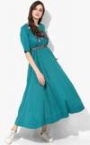 Sangria Round Neck Cotton Dress With Embroidered Yoke And Waist Belt Detail Women