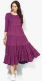 Sangria Round Neck Crinckled Rayon Maxi Dress With Embroidered Yoke Detail Women