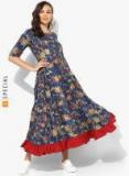 Sangria Round Neck Elbow Length Sleeves Rayon Floral Printed Panelled Anarkali With Embroidery Highlight Women