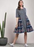 Sangria Round Neck Elbow Sleeve Printed Tiered Tunic Women