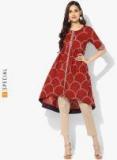 Sangria Round Neck Elbow Sleeve Printed Tunic With Embroidered Front Placket And Hi Low Hem Detail Women