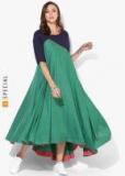 Sangria Round Neck Elbow Sleeves Textured Drapey Color Blocked Dress Women