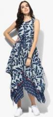 Sangria Round Neck Sleveless Blue Printed Asymmetric Dress With Ribbon Belt women