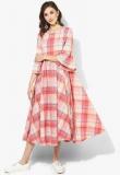 Sangria Round Neck Yarn Dyed Cotton Skater Dress With Geometric Checked Yoke Detail Women