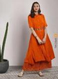 Sangria Solid Mandarin Collar Flared Kurta With Elbow Length Sleebes Teamed Up With Striped Palazzo women