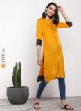 Sangria Solid Mandarin Collar Straight Fit Kurta With Full Button Placket And Three Quarter Sleeves Women