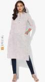 Sangria Striped Band Collar Straight Fit Kurta With 3/4th Sleeves Women