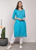 Sangria Turquoise Blue Embroidered Round Neck Kurta With 3/4Th Sleeves Women