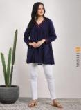 Sangria V Neck Flared Tunic With 3/4th Sleeves And Embroidery High Light Women