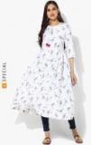 Sangria White Printed Round Neck Flared Kurta With 3/4th Sleeves women