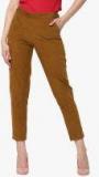 Sassafras Camel Brown Solid Slim Fit Cigarette Trouser Women