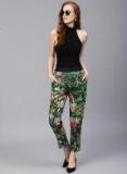 Sassafras Green & Coral Pink Regular Fit Printed Cigarette Trousers Women