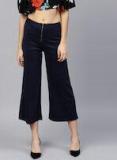 Sassafras Navy Regular Fit Solid Cropped Trousers Women